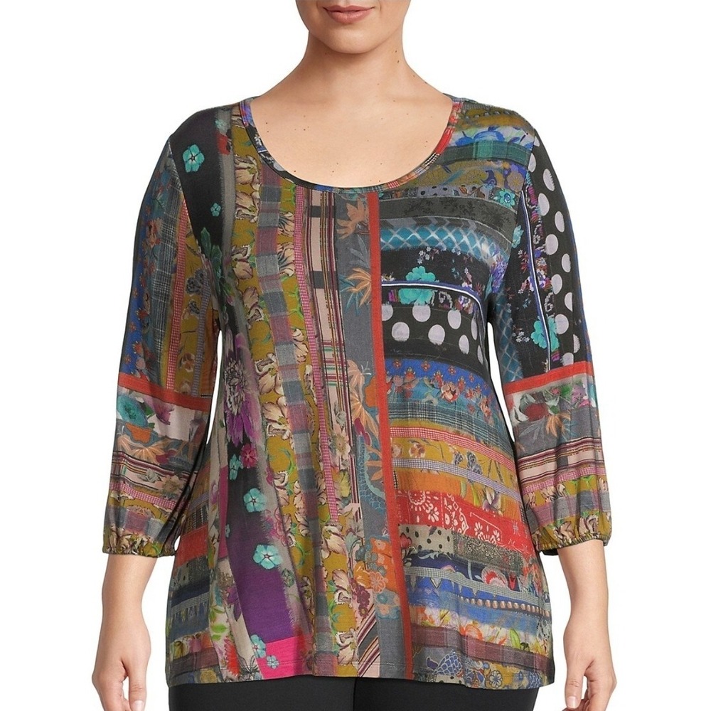 Johnny Was Mixed‎ Patchwork Print Bamboo Tunic Top 3/4 Sleeve T12221-N Womens S
